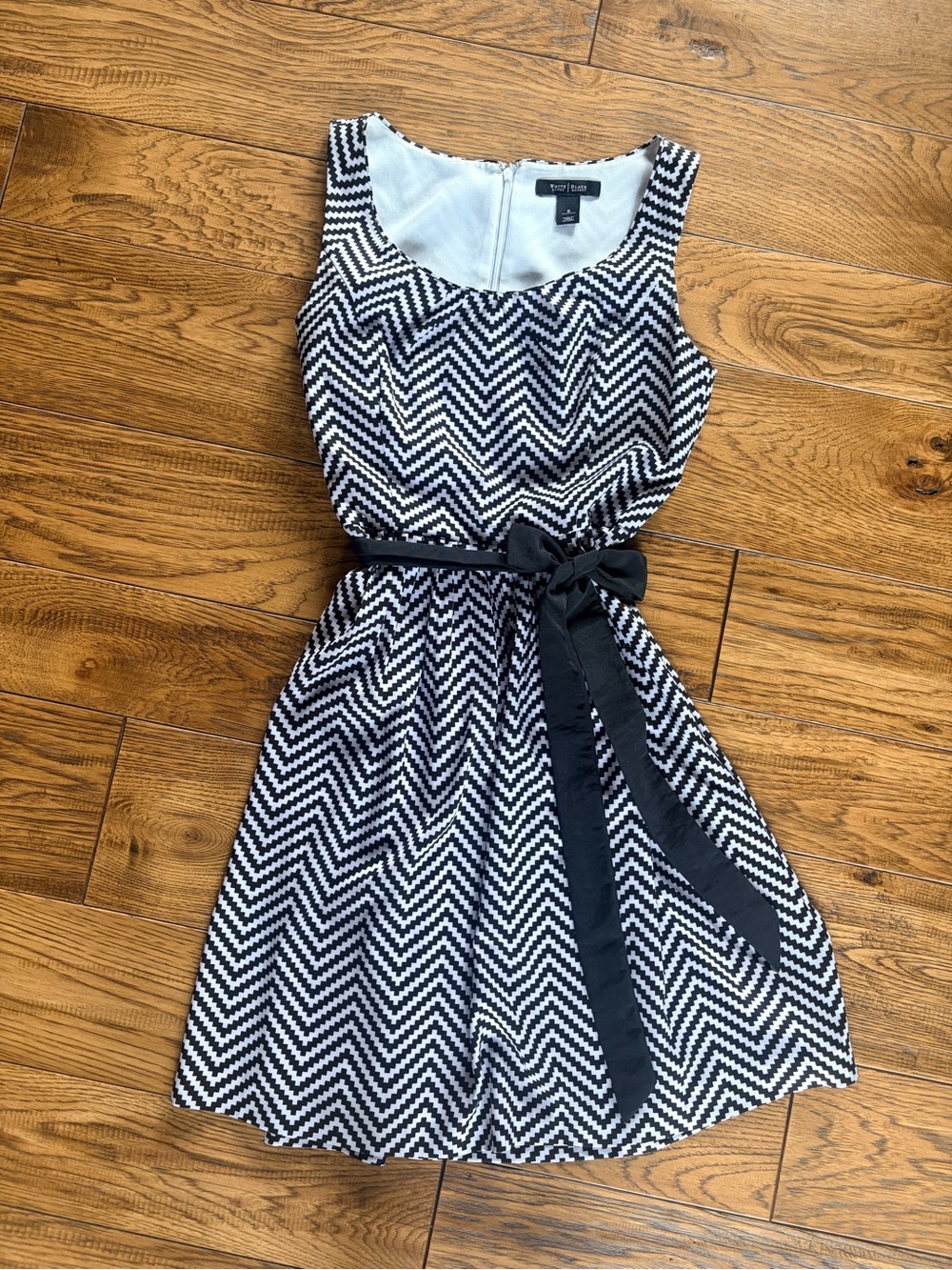 White House Black Market Black and White Chevron Sleeveless Midi Dress with Sash